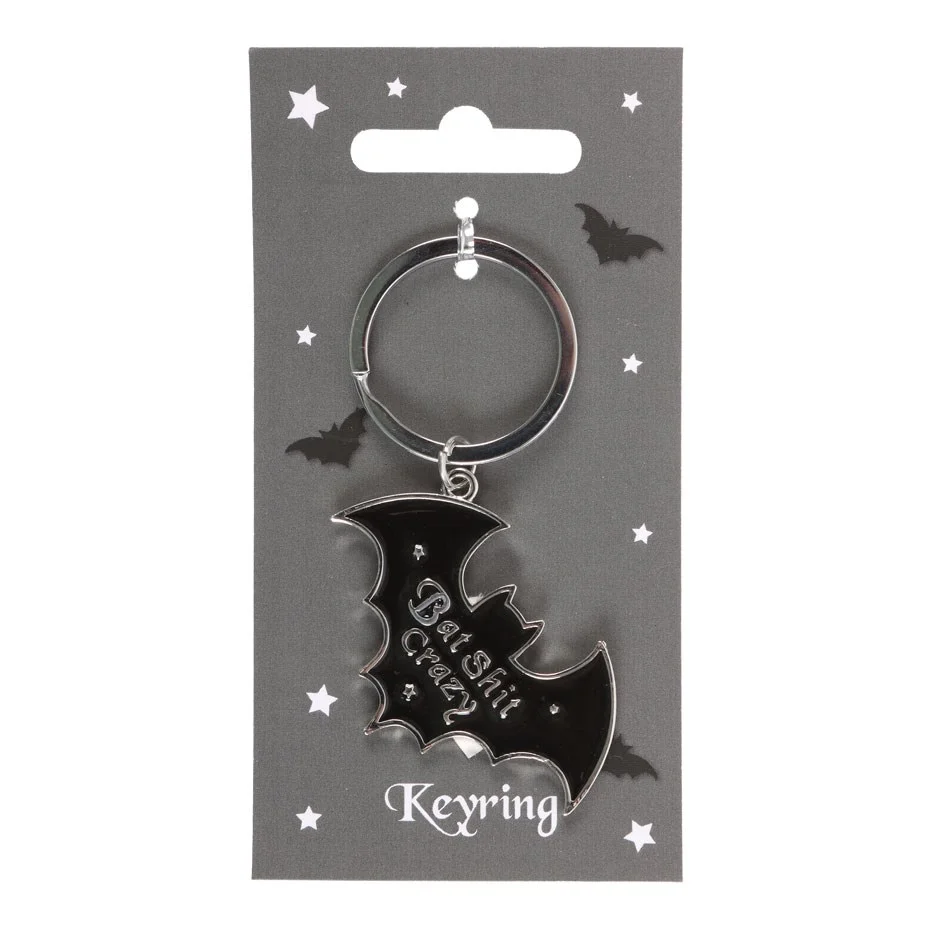 Black bat-shaped keyring with "Bat Shit Crazy" text, humorous design for quirky style bat keyring accessory