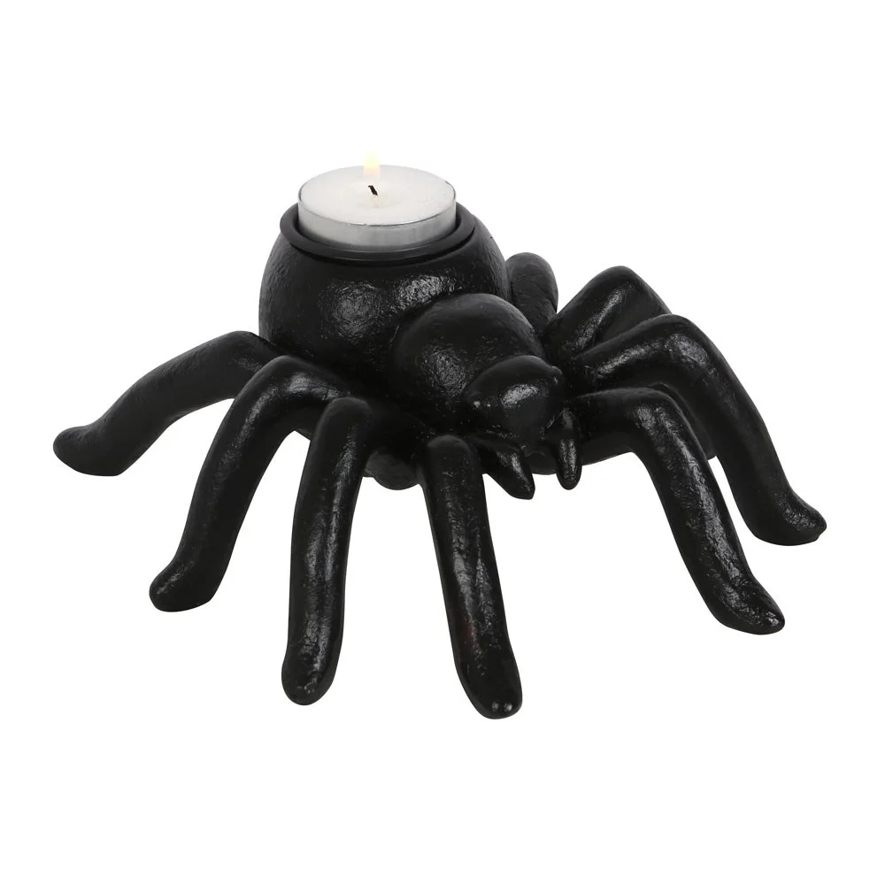 Resin spider tealight holder with detailed spider design, measuring 7cm tall and 17.9cm wide, ideal for Halloween decor