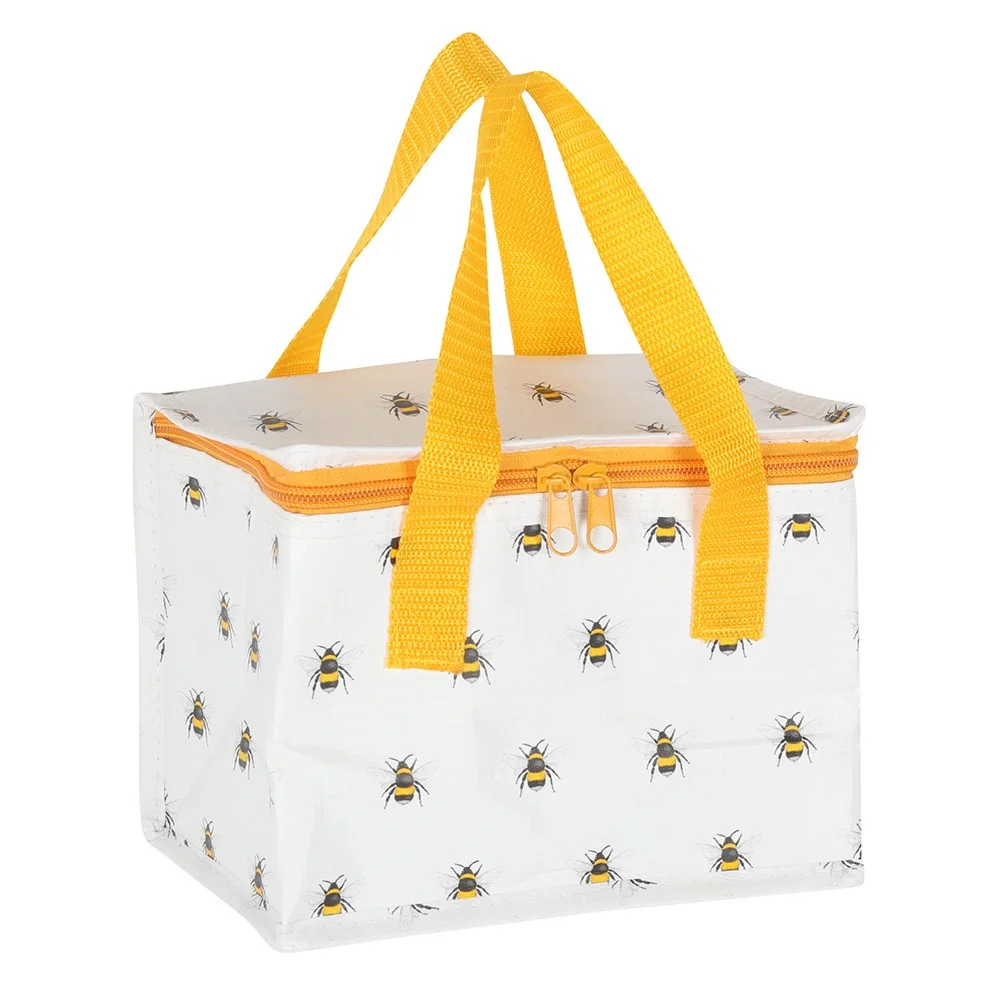 Insulated lunch bag with all-over yellow and black bee print, zipper closure, made from recycled plastic