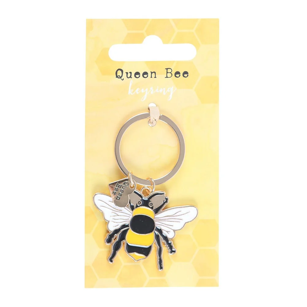 Bright enamel queen bee keyring with a heart-shaped charm engraved with "Queen Bee" on a silver ring