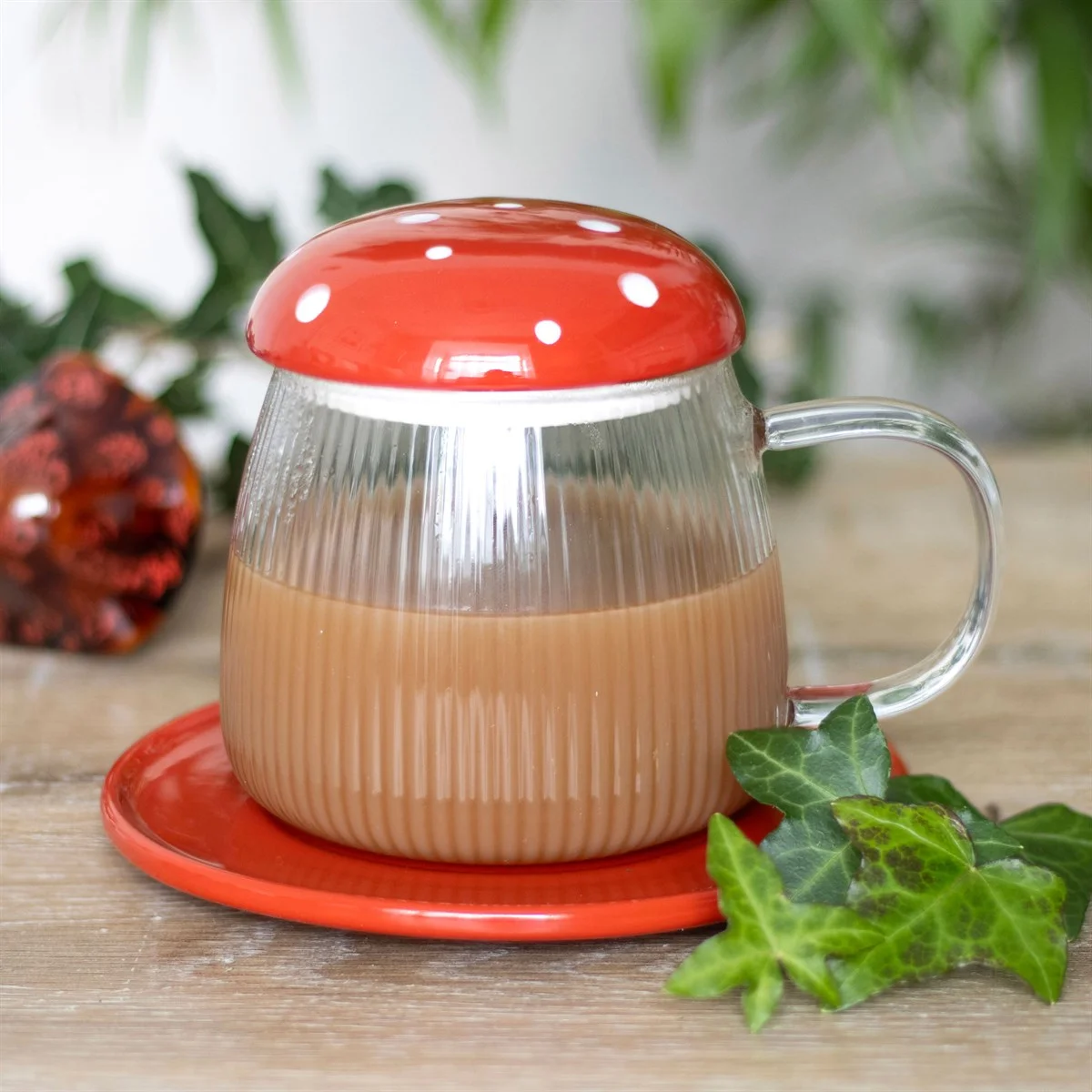 Glass mushroom mug with matching lid and saucer, shaped like a toadstool, made from clear glass, 450ml capacity