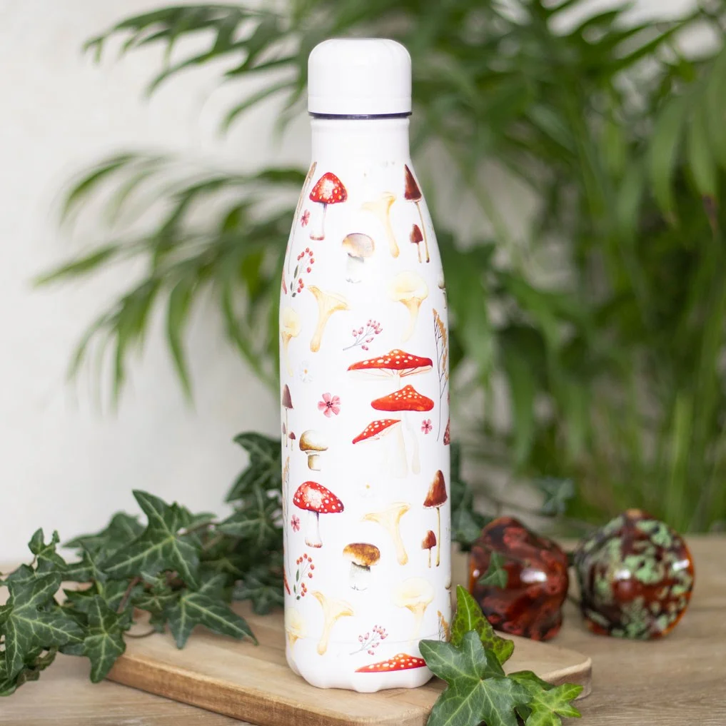 500ml metal water bottle with colorful mushroom and botanical print on white background