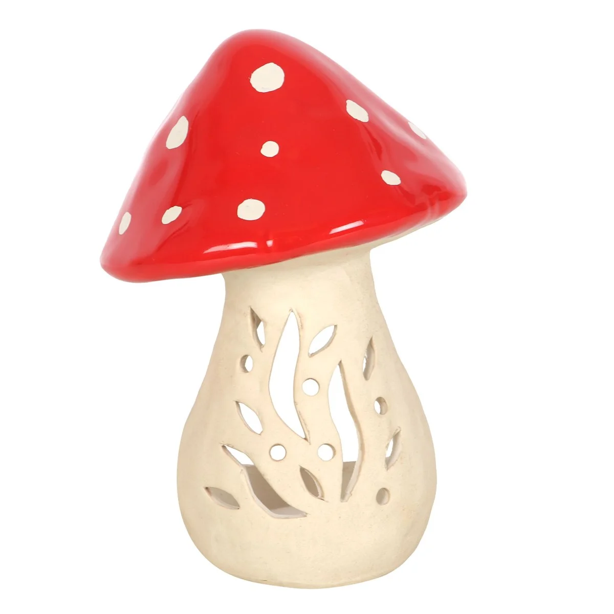 White ceramic mushroom tealight holder with a lit candle, showcasing cottagecore and forest-inspired design