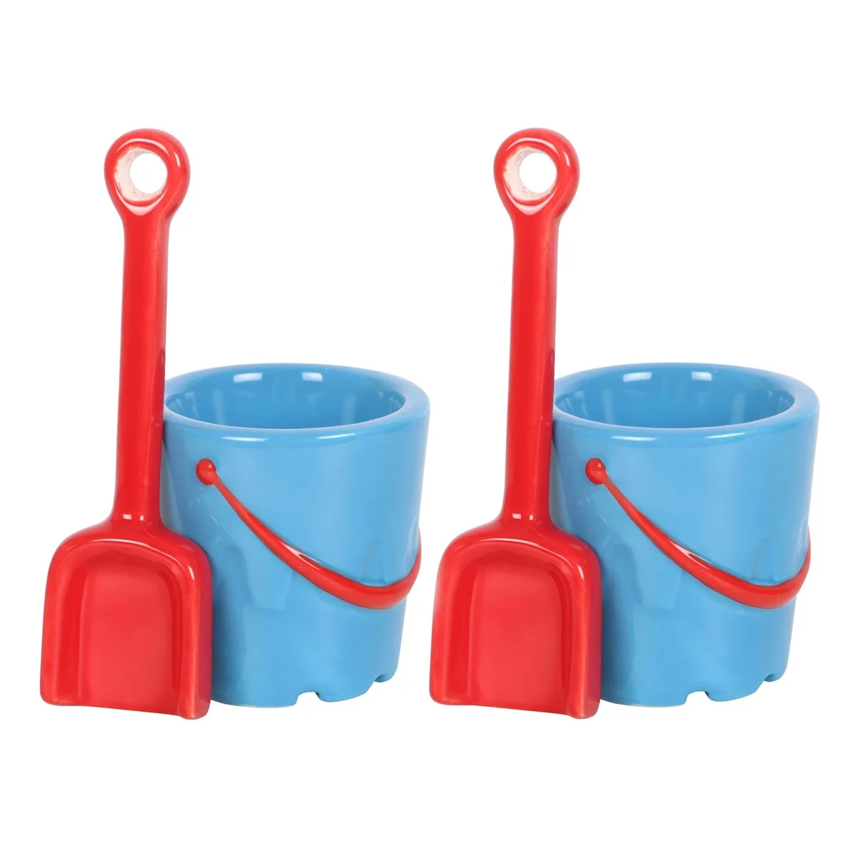 Set of 2 vibrant blue ceramic egg cups set shaped like buckets with red spade spoons, seaside-themed design