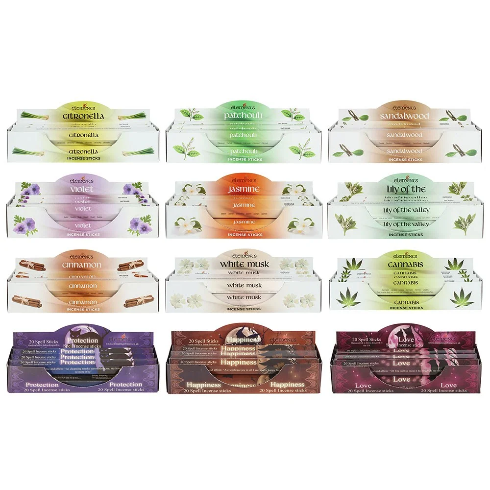 Bestselling Elements incense sticks bundle with packaging, measuring 5.5cm high and 25cm wide on white background