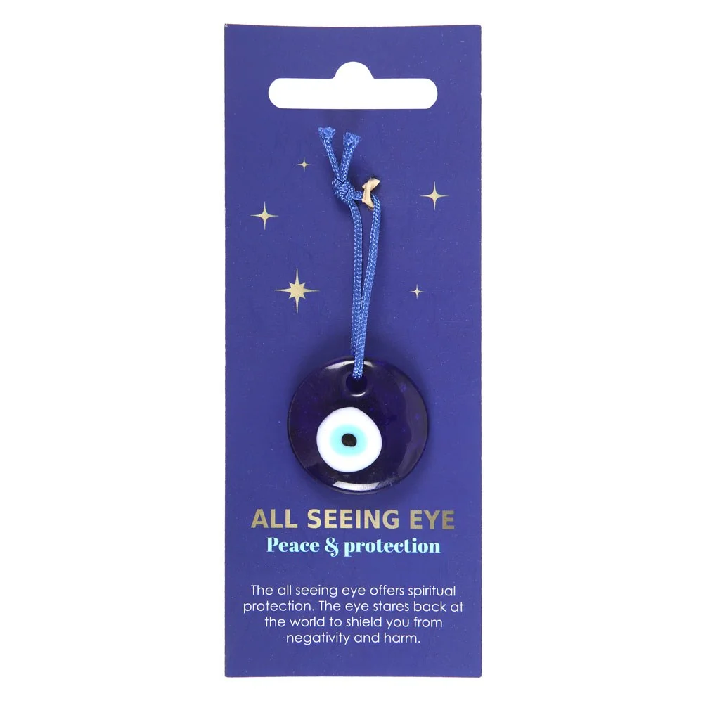 Clear glass All Seeing Eye charm with blue and white detailing, symbolizing spiritual protection against negative energies