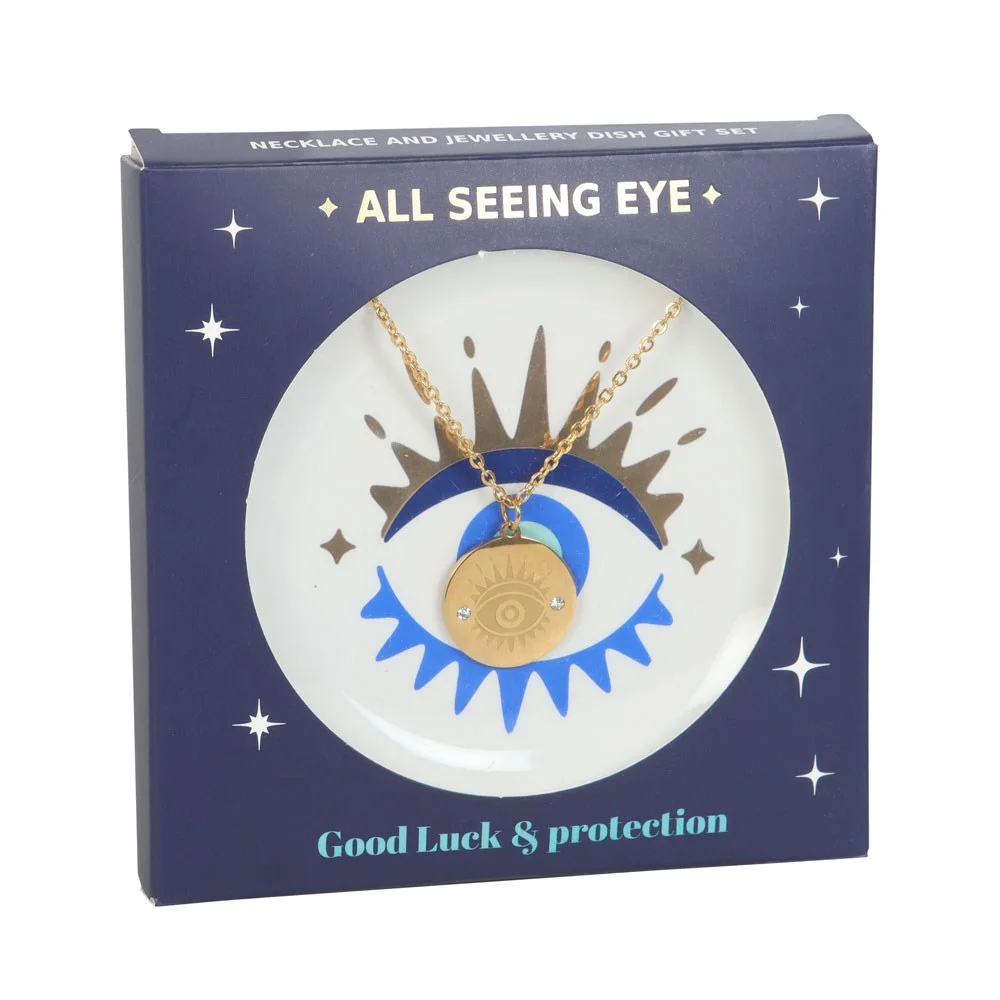 All Seeing Eye necklace with matching trinket dish featuring an eye symbol for protection and positive energy gift set