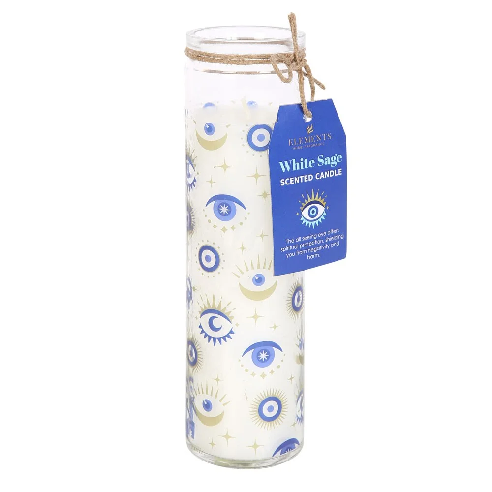 White sage tube candle in a glass tube with All Seeing Eye design, white wax, and lit wick on white background