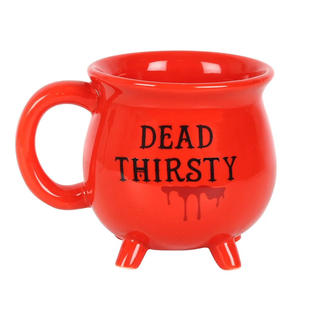 Red cauldron shaped mug with "Dead Thirsty" text in black, 10cm tall, 13cm wide, 9.8cm deep