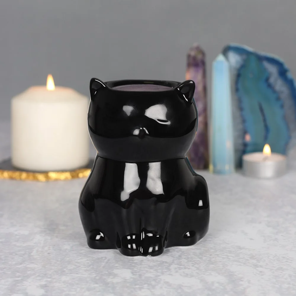 Black ceramic black cat oil burner with hollow body for fragrance oils or wax melts, 11cm tall and 9cm wide