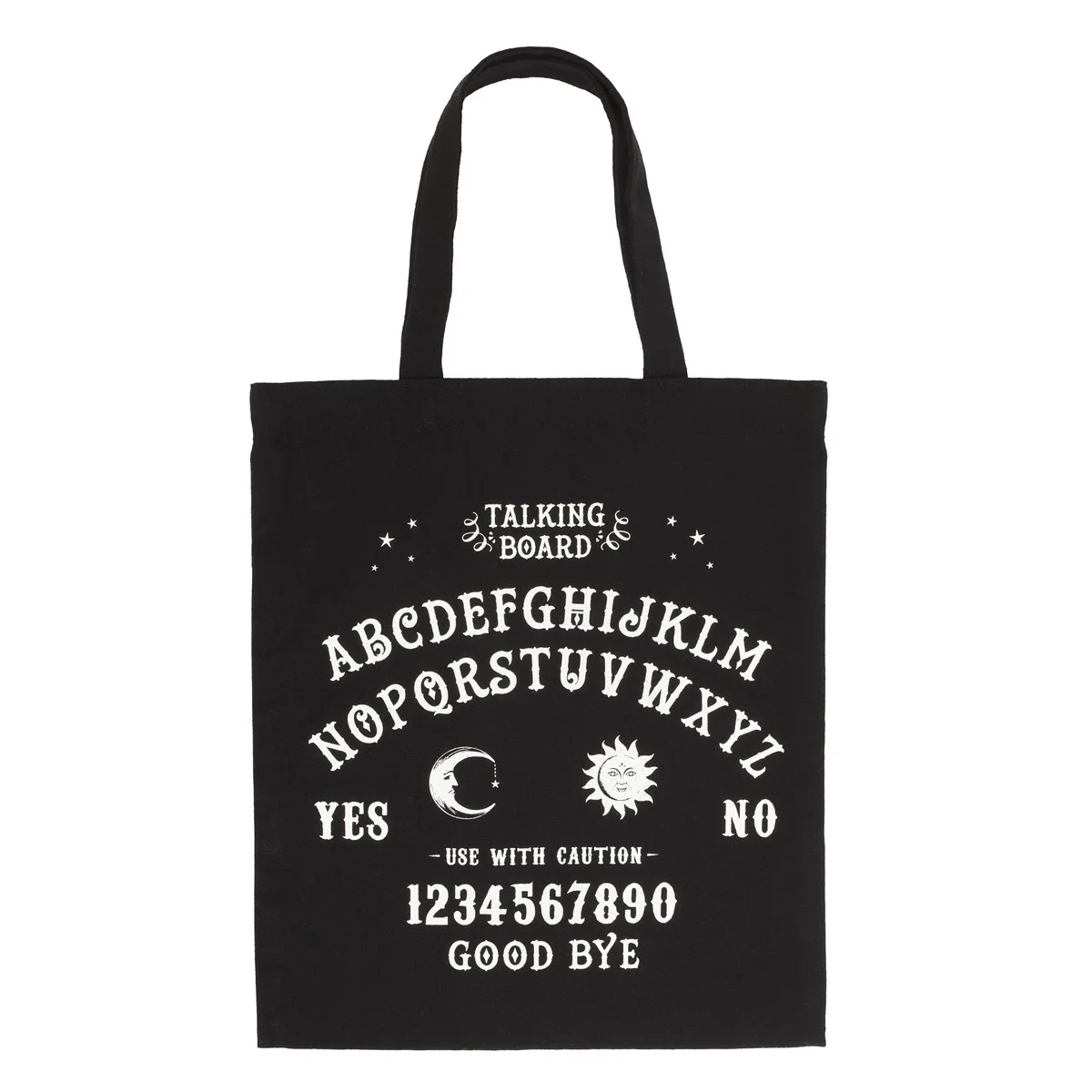Black cotton tote bag with gothic Ouija board design, 40cm tall without handles, eco-friendly and reusable