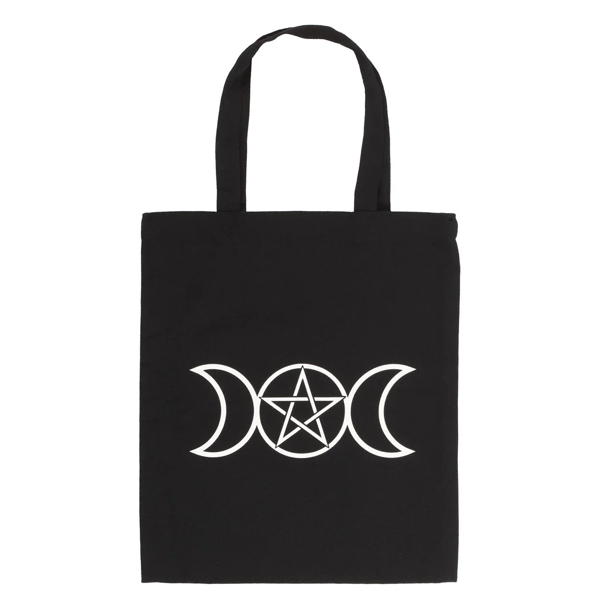 Black cotton tote bag with triple moon and pentagram design, 40cm tall without handles, eco-friendly and reusable