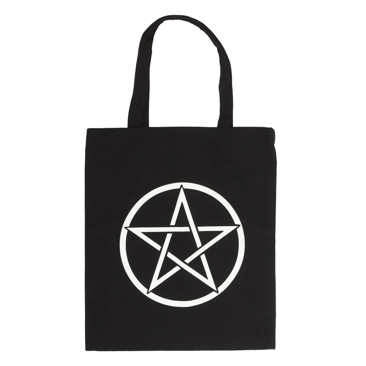 Black cotton tote bag with large white pentagram print, 40cm tall without handles, eco-friendly design for shopping and trips