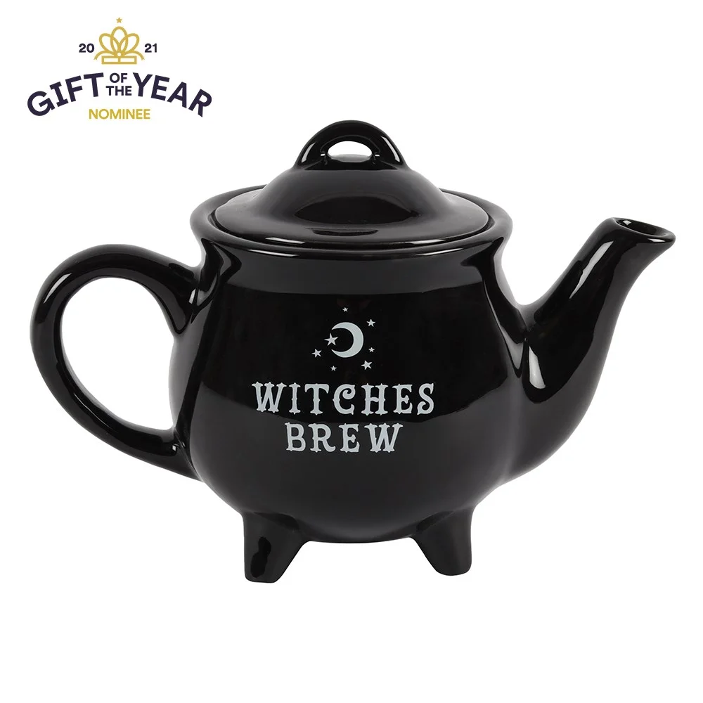 Black ceramic teapot with "Witches Brew" text, 550ml capacity, curved spout and handle on white background
