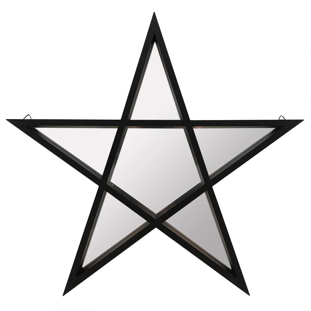 Black pentagram mirror with black frame, wall-mounted, measuring 38.5cm by 40.7cm, alternative home decor piece