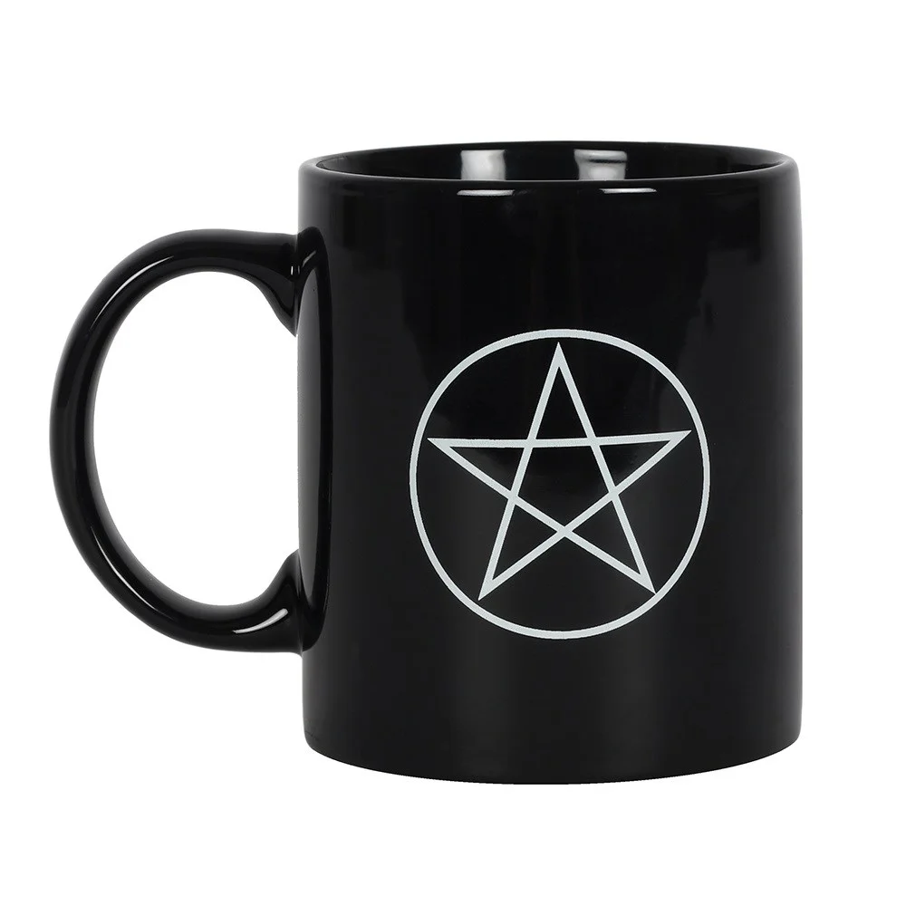Black ceramic Pentagram mug with white five-pointed star design, 350ml, dishwasher and microwave safe.