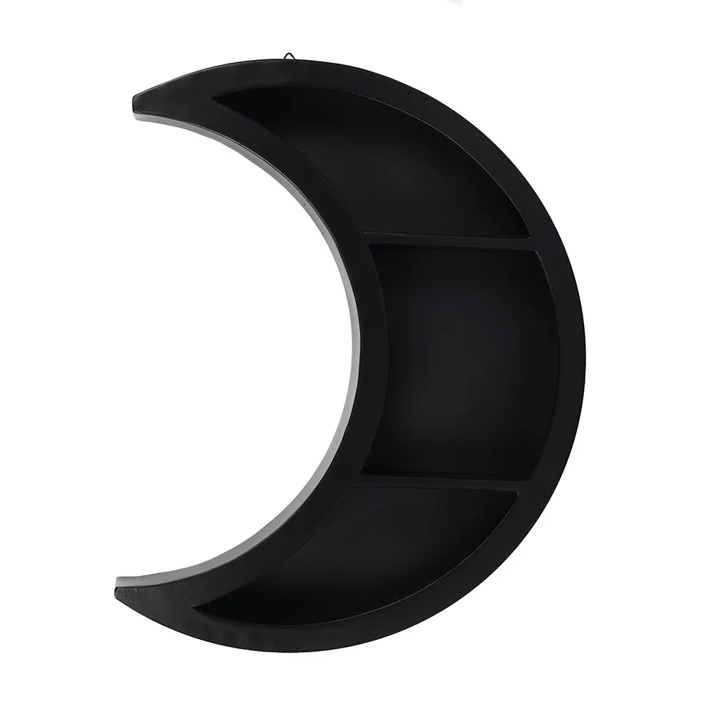 Black lightweight crescent moon shelf mounted on wall, ideal for small trinkets and room decor, 42cm high by 37cm wide