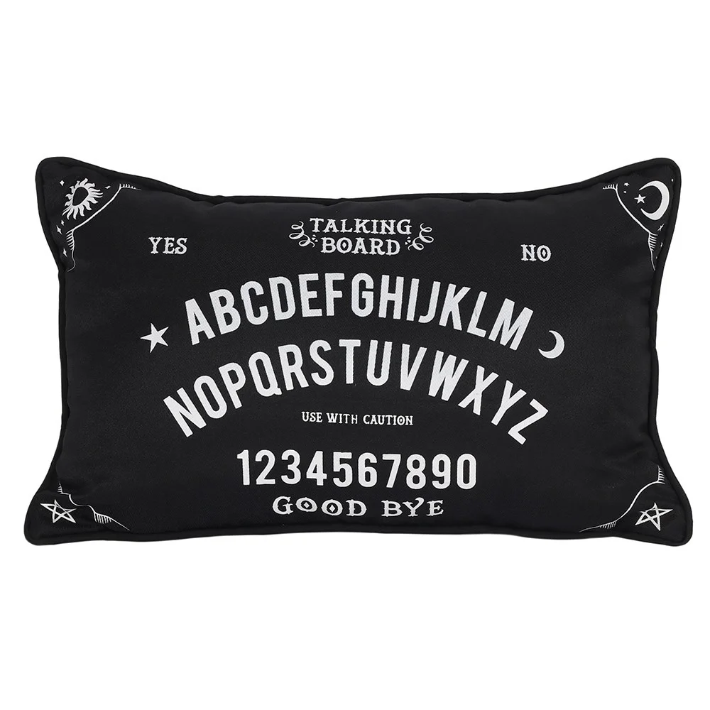 Small rectangular black cushion with white ouija talking board design and zip closure, called talking board cushion