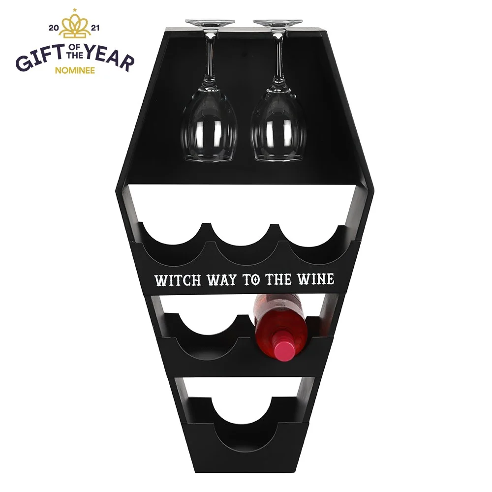 Coffin wine shelf holding six bottles and four wine glasses with "Witch way to the wine" text on wooden frame