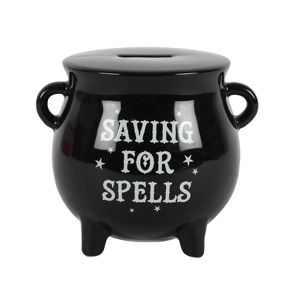 Ceramic cauldron money box with "Saving for spells" text, black finish, 12cm tall, 14.5cm wide, 12.5cm deep