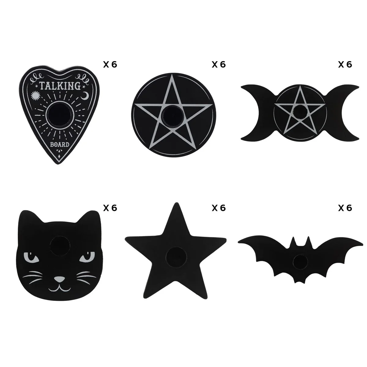 A set of 36 black magic candle holders in various designs – Talking Board, Pentagram, Moon, Bat, Star and Cat.