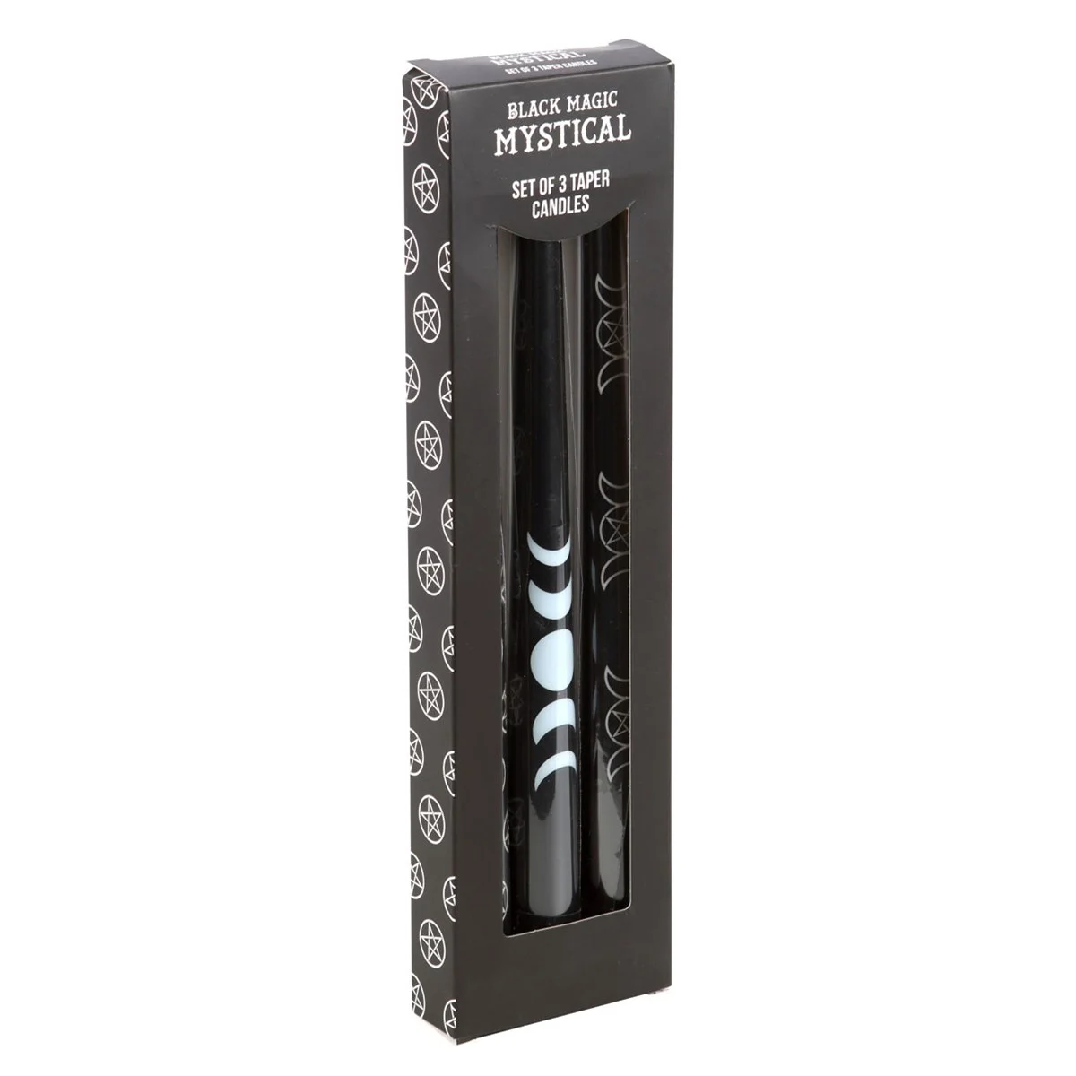Set of 3 black taper candles with mystical designs including pentagrams, moon phases, and triple moon symbols
