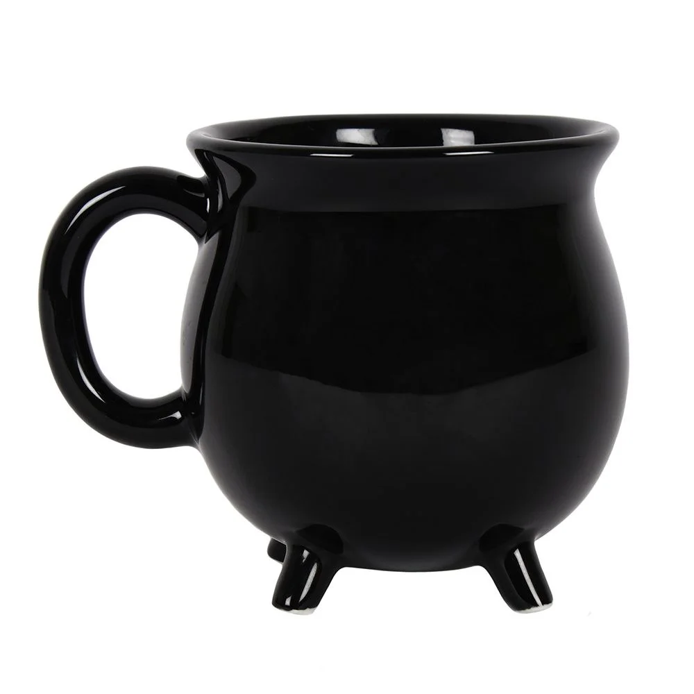 Black cauldron mug in a matching cardboard box, suitable for microwave and dishwasher use.
