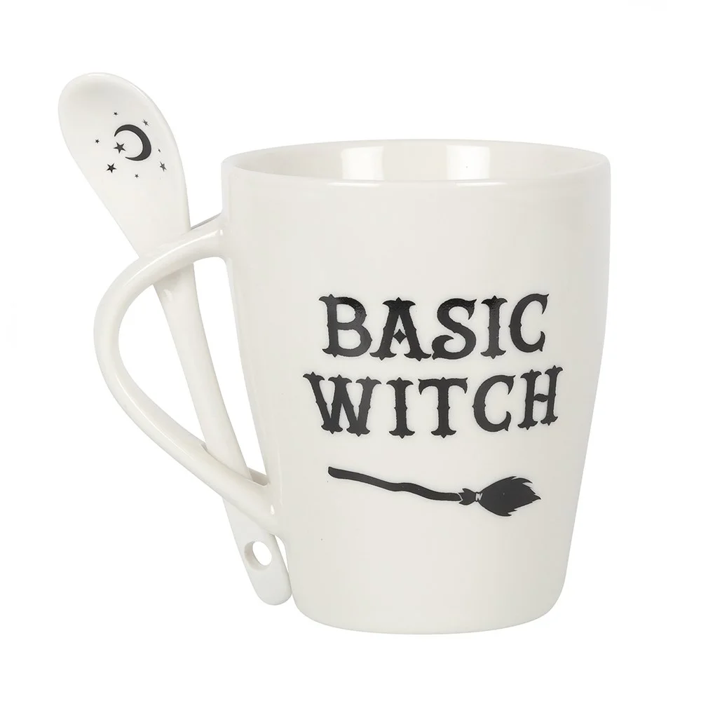 White ceramic Basic Witch mug set with matching spoon, dishwasher and microwave safe, 10cm tall and 8.5cm wide