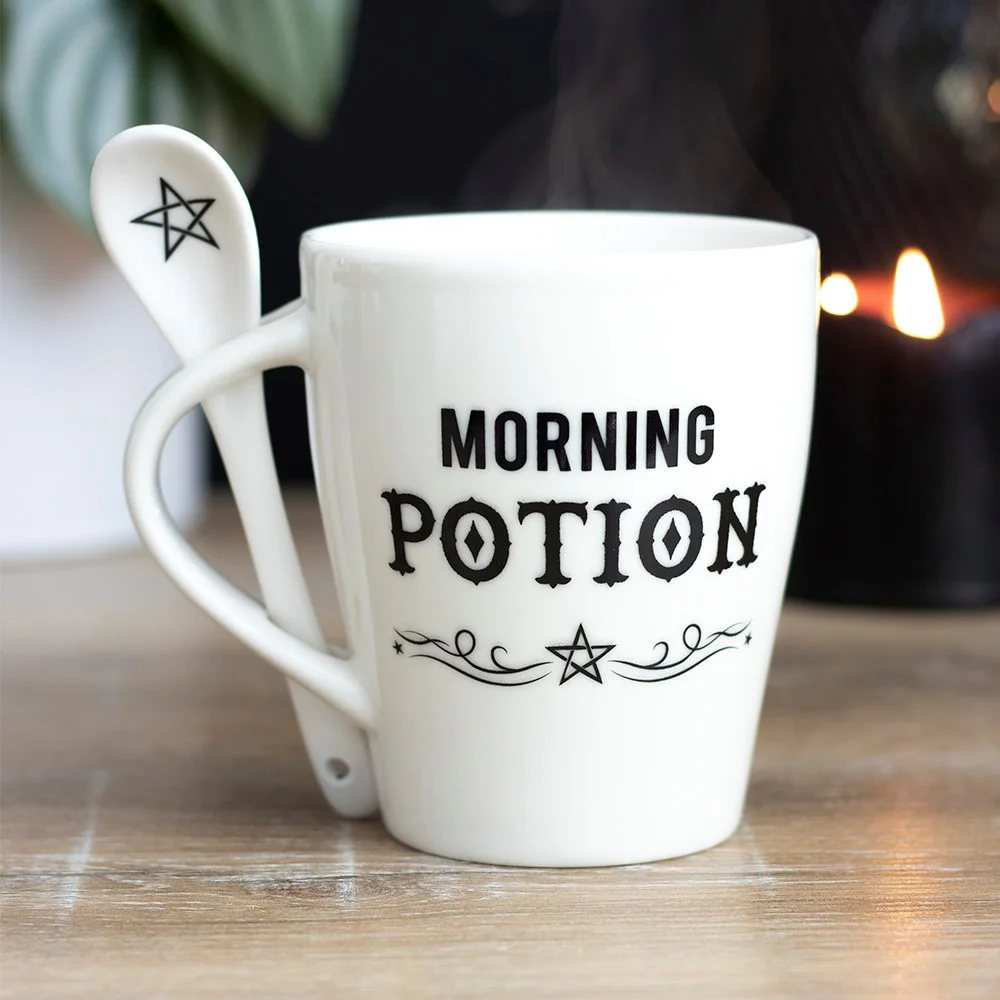 White ceramic morning potion mug set with matching spoon, dishwasher and microwave safe, 10cm tall mug