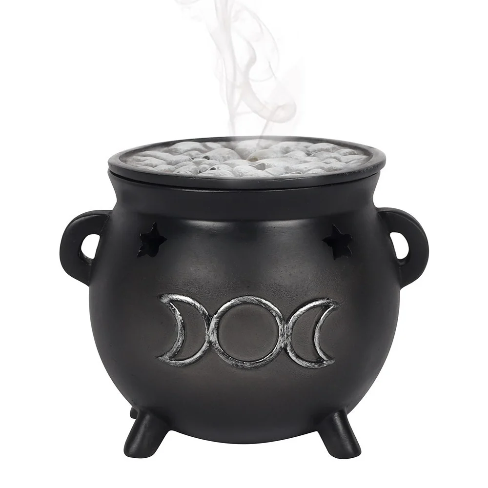 Resin triple moon incense holder with silver-effect finish, star cutouts, and removable bubbling brew top, 8cm tall
