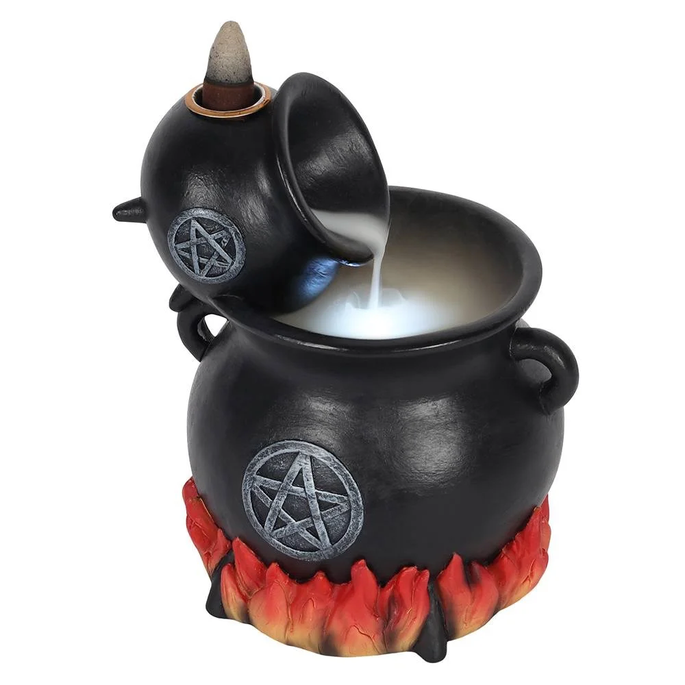 Resin pouring cauldrons backflow incense holder with flames, silver pentagram, and smoke effect lit by built-in light