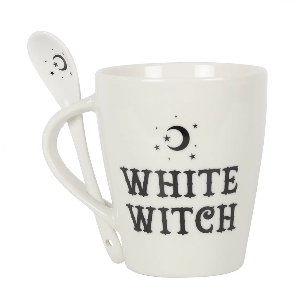 White Witch mug set with white ceramic mug featuring text and matching spoon with moon and star design in handle slot