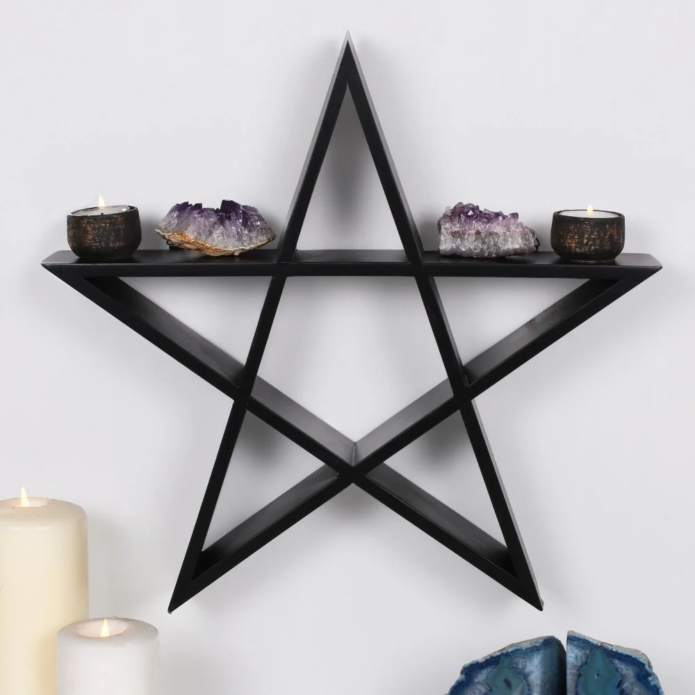 Black pentagram wall shelf with two hooks, measuring 40cm by 40cm by 7cm, ready for hanging on a wall
