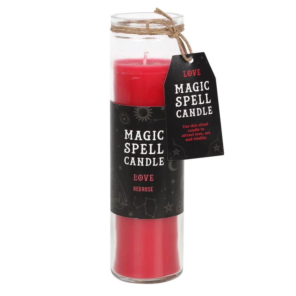 Red rose scented candle in a glass jar, tall pillar style, labelled 'Love' Spell, 21cm high, for love and romance spells