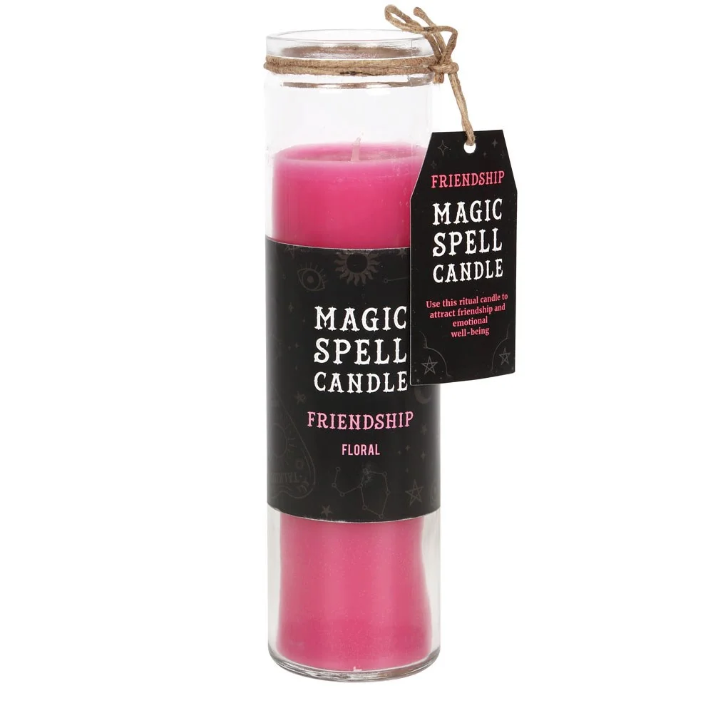 Pink floral friendship spell candle in a glass jar, 21cm tall, with a floral fragrance and 70-hour burn time
