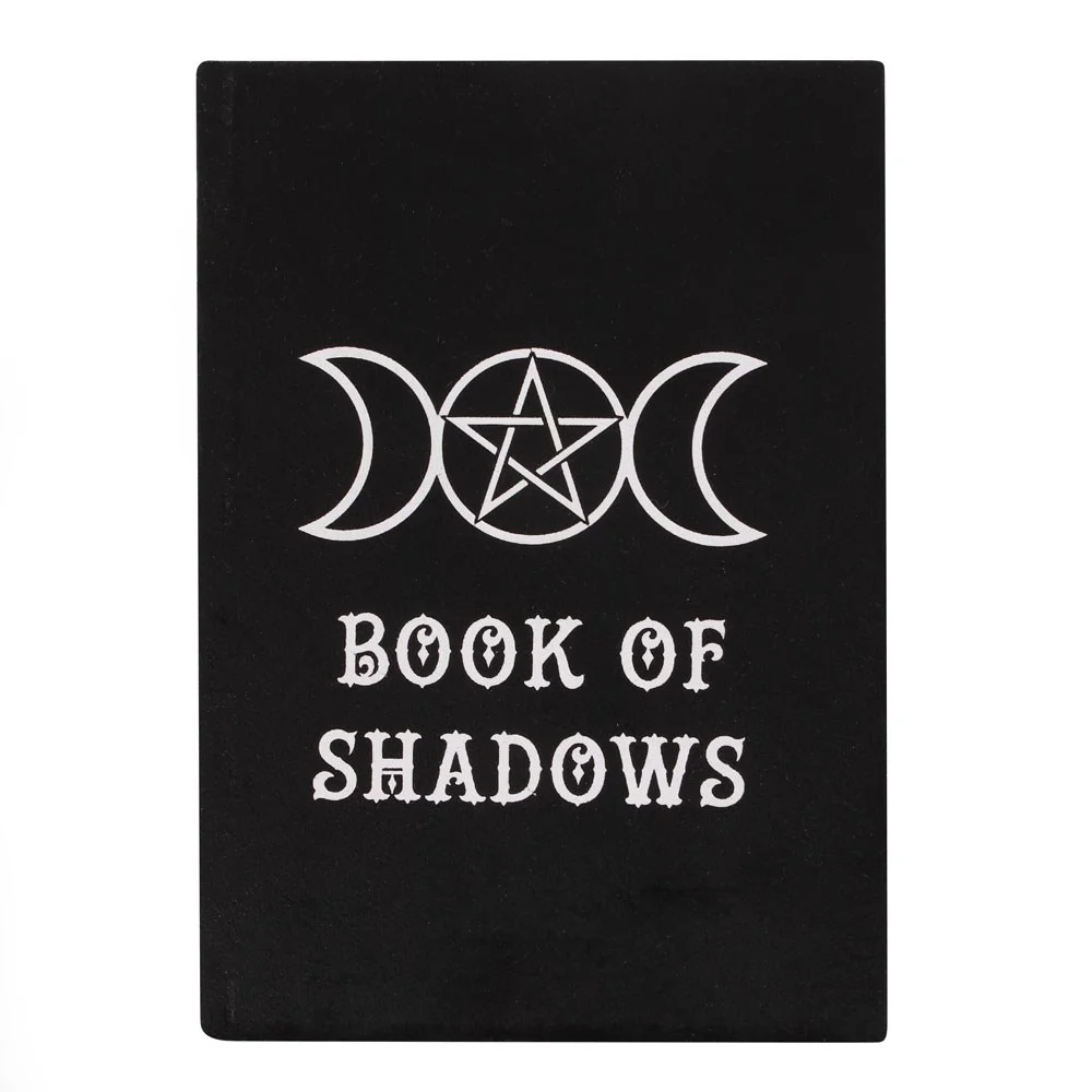 A5 black velvet Book of Shadows notebook with white triple moon design and 200 lined pages on a white background