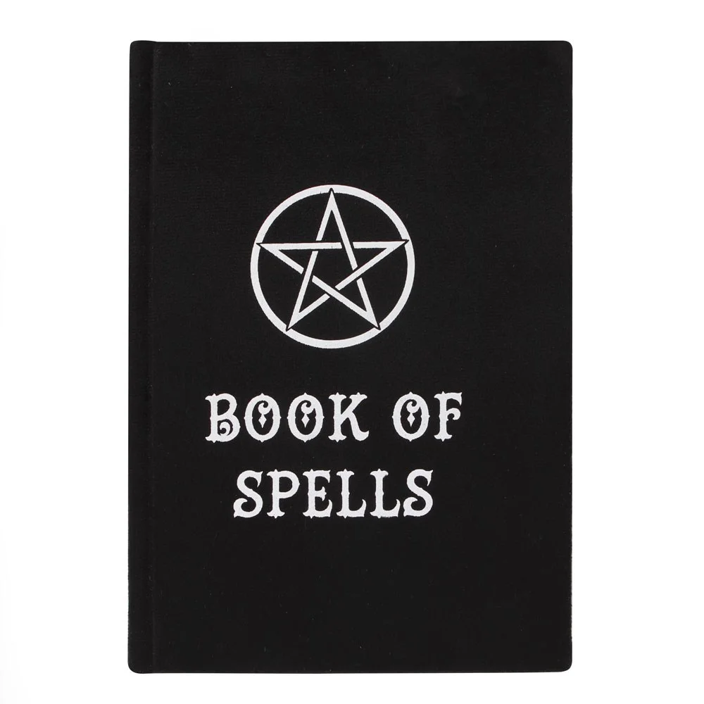 Black velvet A5 Book of Spells notebook with white pentagram design and 200 lined pages on a white background