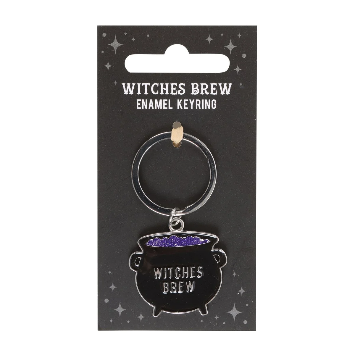 Black cauldron shaped witches brew keyring with silver chain and ring on white background