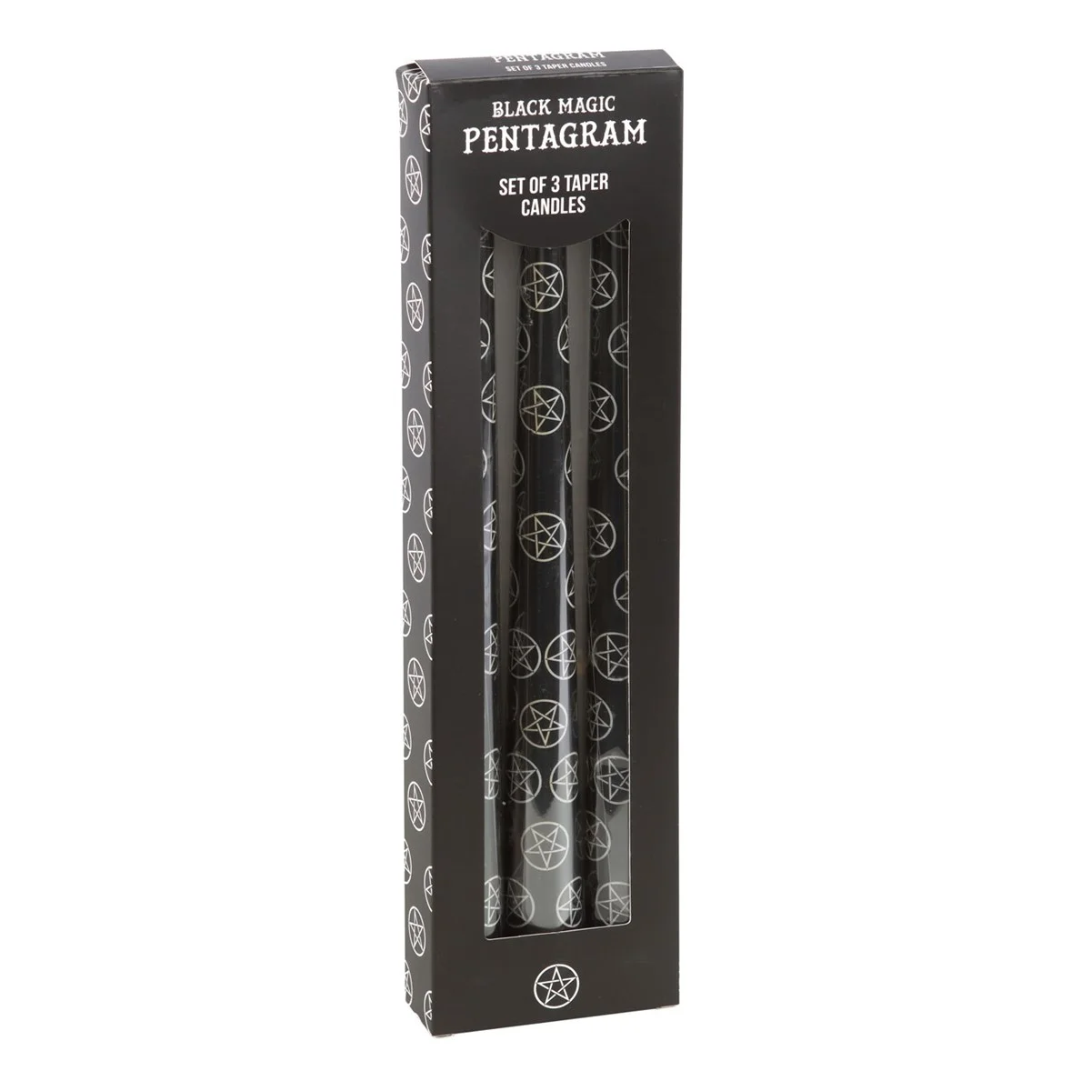Set of 3 black taper candles with mystical pentagram design arranged on a white background