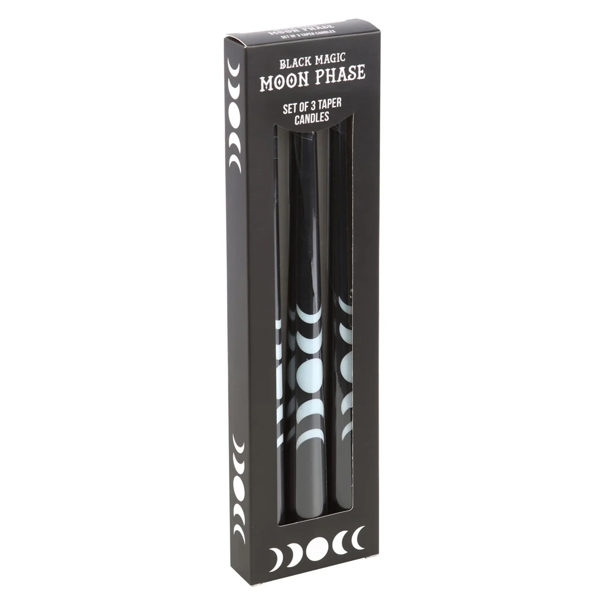 Set of 3 black taper candles with moon phase designs, ideal for decorative home accents or table settings