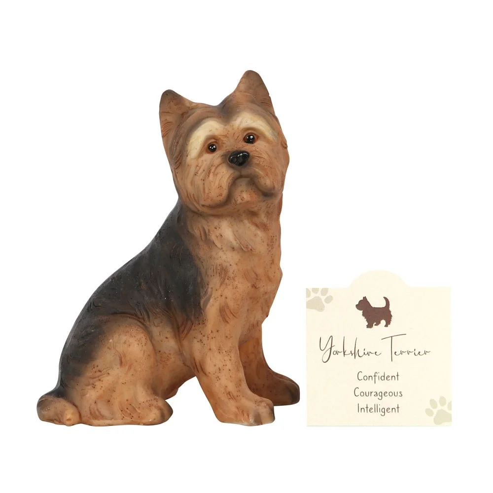 Yorkshire Terrier ornament resin dog figurine with bright eyes and cute expression, standing with a sentiment card.