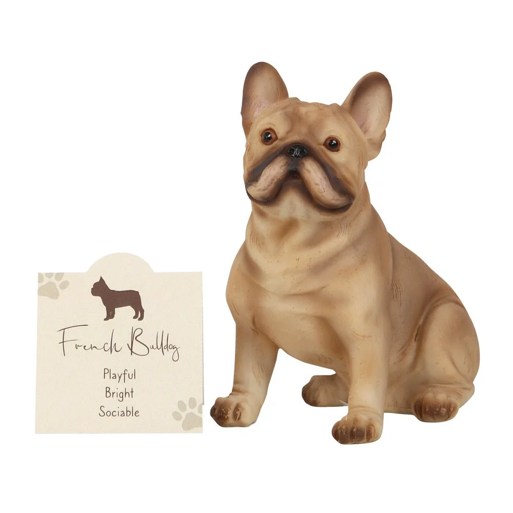 Small resin French Bulldog ornament with shiny eyes and cute expression, standing with a sentiment card about the breed's traits