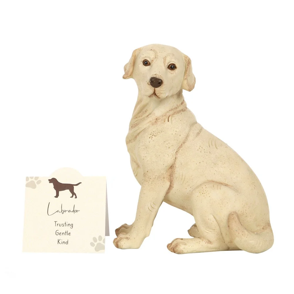 Yellow Labrador dog ornament standing with a sentiment card describing the breed as trusting, gentle, and kind
