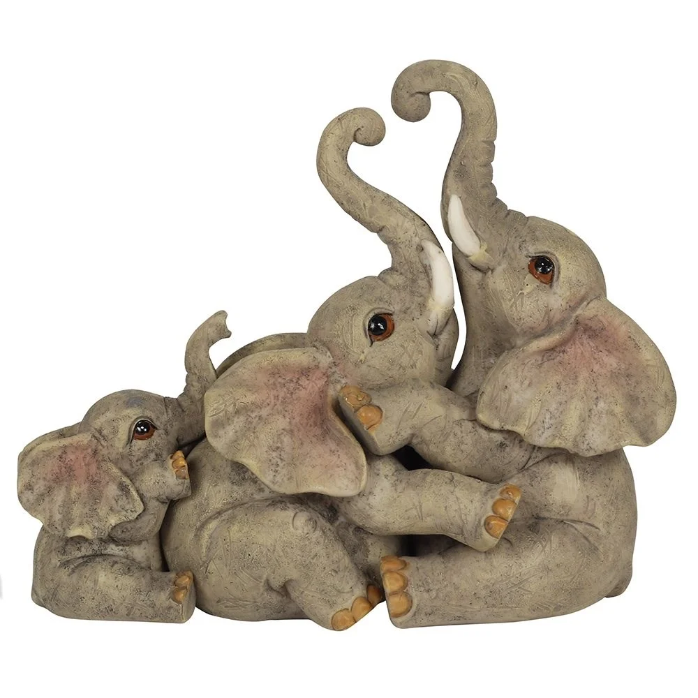 Elephant family ornament showing two parent elephants cuddling their baby, with a designed box and sentiment card included