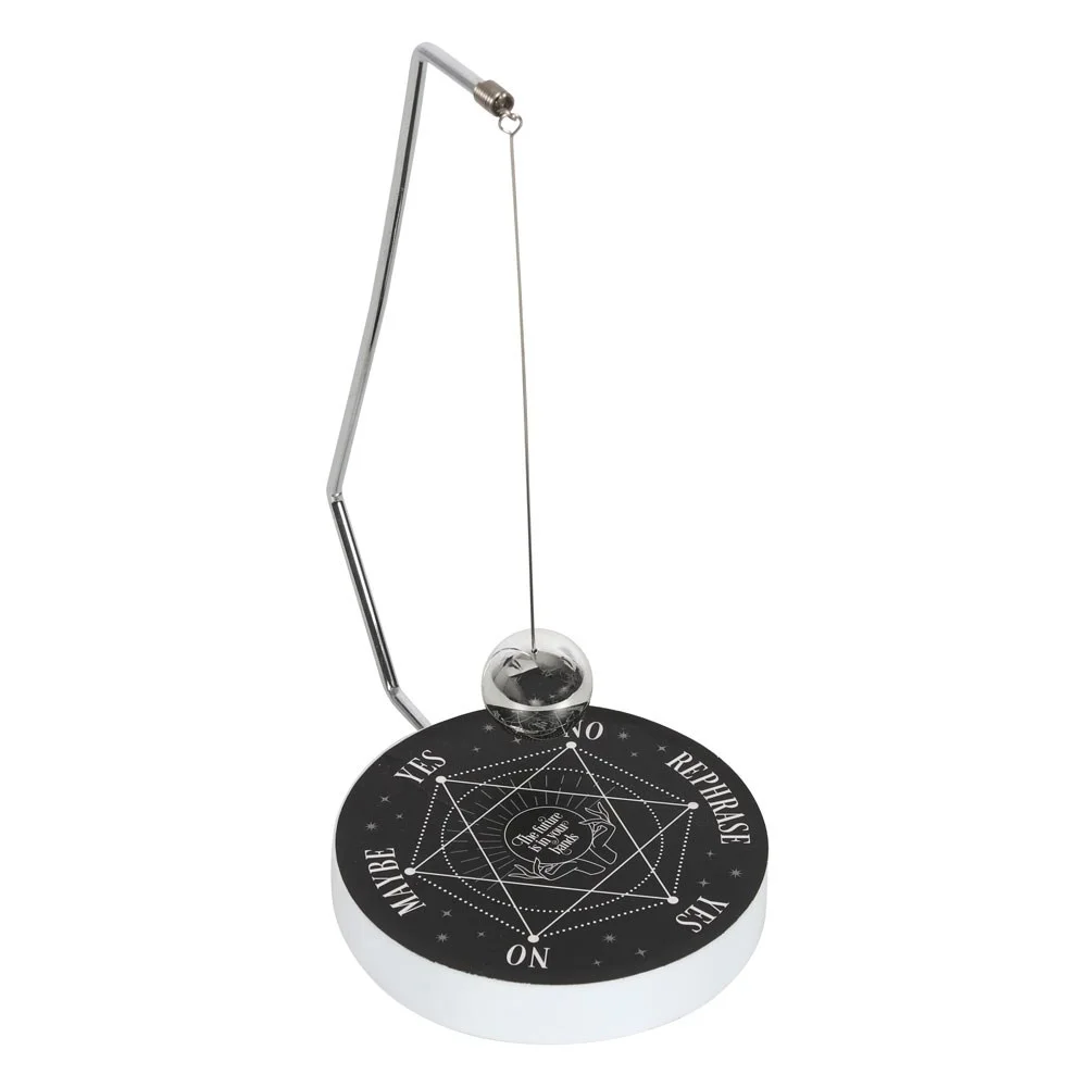 Metal pendulum decision maker with spherical pendulum and six response options on a wooden base for desktop use
