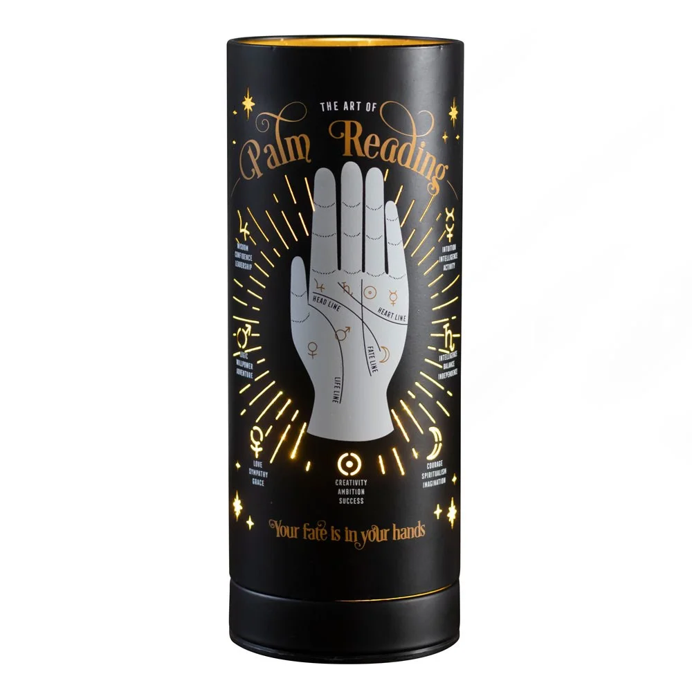 Black electric aroma lamp with illuminated palm reading design and USB power cable on white background