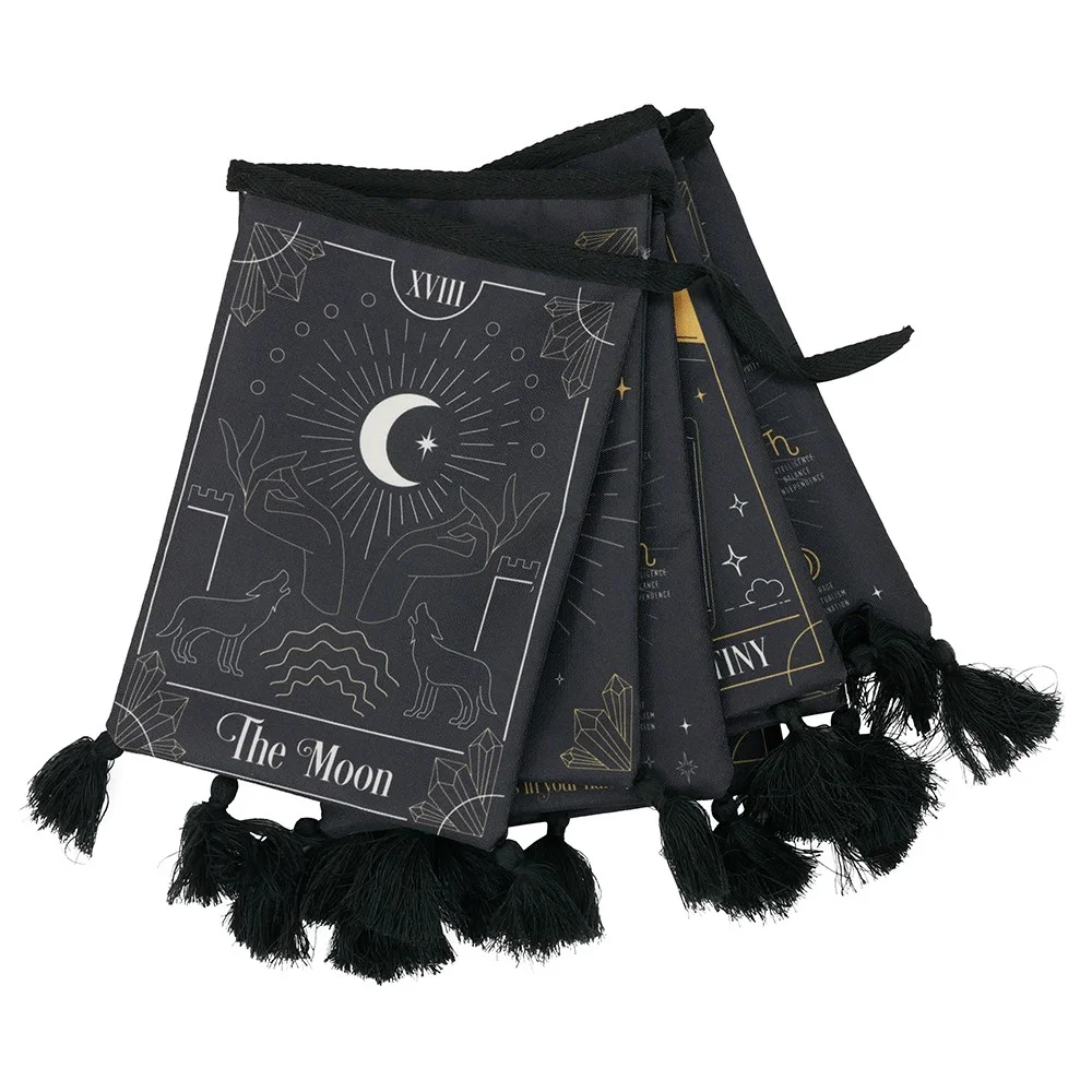Fortune teller bunting with fabric flags featuring palm reading, tarot cards, and crystal ball illustrations hanging on string