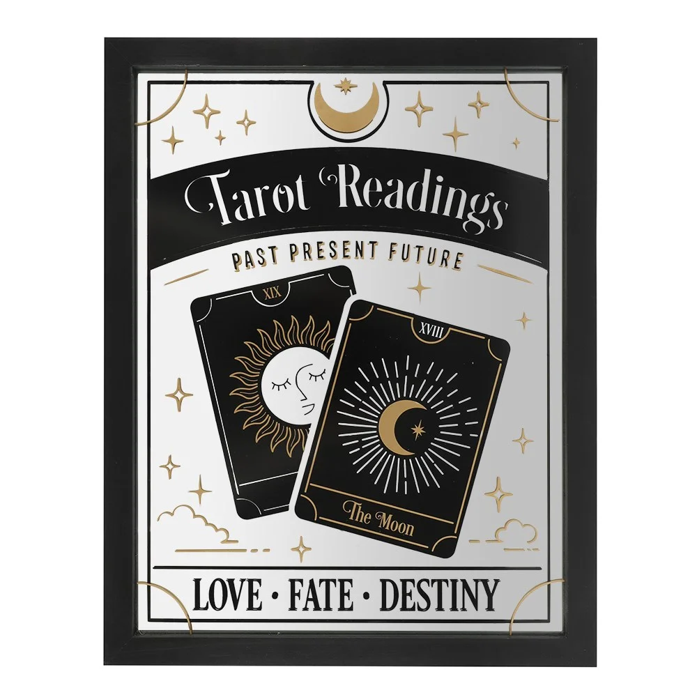 Tarot mirrored wall hanging with gold foil celestial tarot card design on rectangular mirror panel