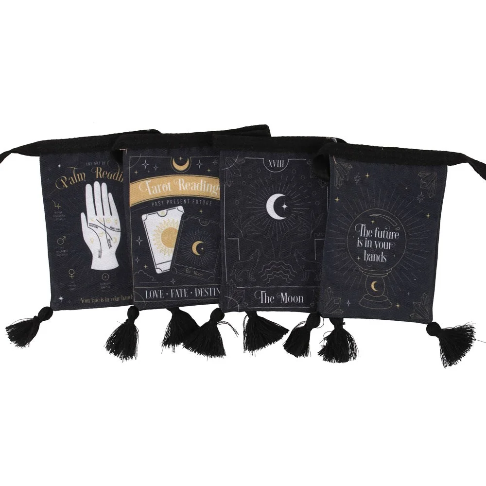 Black small fortune teller bunting with gold metallic accents hanging against a white background