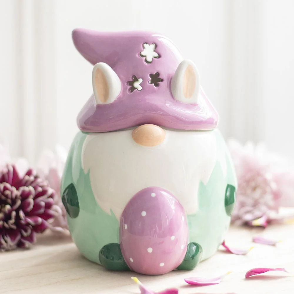 Pastel Easter bunny oil burner shaped like a cute gonk, designed for fragrance oils with a tealight holder underneath
